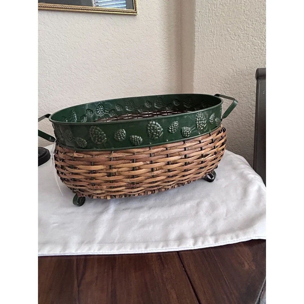 Vintage Wicker Oval Pine Cone Basket Green Metal Handles Stamped Pine Cones READ